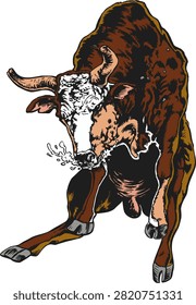 Powerful charging bull vector illustration with lowered head and snorting nose in retro vintage style, isolated on a white background. Perfect for rodeo logos, sports mascots, stickers, and t-shirt prints.