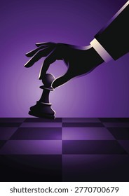 Powerful chess illustration with silhouette hand placing pawn on chessboard; represents strategy, planning, and control in game.