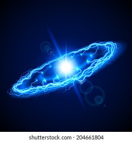 Powerful Circular Lightening In Deep Blue  On Dark Background With Bright Sparkle In The Center 