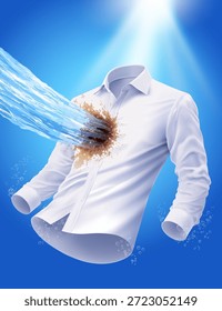 Poderosa ação de limpeza mancha de café marrom de uma camisa branca limpa. Flutuando sobre um fundo azul com bolhas, simbolizando detergente de roupa eficaz e poder de limpeza profundo. Ilustração vetorial.