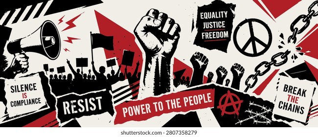 A powerful collage of protest imagery, including a megaphone, silhouettes of crowds, and slogans advocating for change and freedom