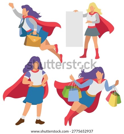 A powerful collection of female superhero silhouettes and flat designs featuring dynamic action poses like flying, bring blank paper, and shopping