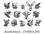 Powerful collection of highly detailed monochrome illustrations featuring various wild animal heads. High contrast grunge engraved style. Perfect for apparel prints, mascot logos, stickers, tattoo sketches, and edgy graphic design projects. Vector elements isolated on white.