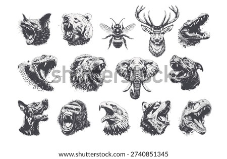 Powerful collection of highly detailed monochrome illustrations featuring various wild animal heads. High contrast grunge engraved style. Perfect for apparel prints, mascot logos, stickers, tattoo sketches, and edgy graphic design projects. Vector elements isolated on white.