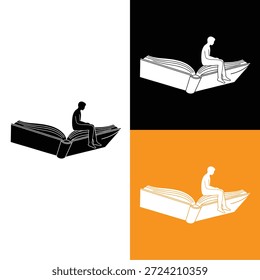 Uma poderosa ilustração vetorial conceitual com uma silhueta minimalista de uma pessoa sentada pensativamente nas páginas de um grande livro aberto.