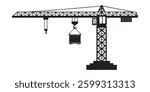 Powerful Construction Crane Silhouette Lifting Cargo Vector Illustration and Transparent Png. A bold silhouette of a construction crane, lifting a cargo container.