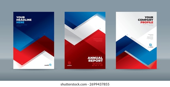 Potente diseño de Plantilla de cubierta con un moderno y abstracto patrón geométrico en zig-zag en rojo, azul y blanco. Plantilla de la cubierta del libro del tamaño A4 para el informe anual, revista, folleto, propuesta, Cartera