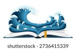 A powerful and creative flat illustration showcasing an open book with giant blue ocean waves and small origami paper boats emerging from its pages. This conceptual artwork represents the power of imagination, the vastness of knowledge, and the adventure of storytelling. Perfect for educational banners, library posters, literacy campaigns, and creative publishing designs.