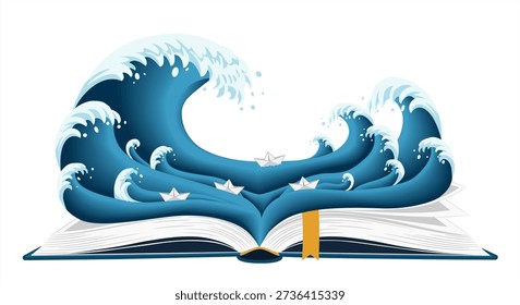 A powerful and creative flat illustration showcasing an open book with giant blue ocean waves and small origami paper boats emerging from its pages. This conceptual artwork represents the power of imagination, the vastness of knowledge, and the adventure of storytelling. Perfect for educational banners, library posters, literacy campaigns, and creative publishing designs.