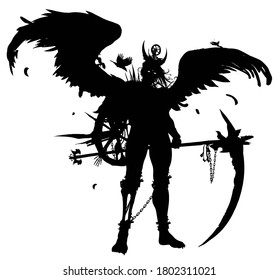 A powerful creepy demon with a huge scythe and large black feathered wings stands in an epic pose, sparkling with his eyes. 2D illustration.