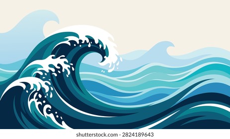 Powerful Curling Ocean Wave with White Foam Abstract Seascape Illustration