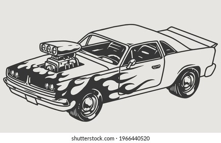 Powerful custom muscle car with flame decal in vintage monochrome style isolated vector illustration