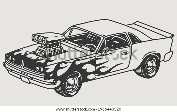 Powerful custom muscle car\
with flame decal in vintage monochrome style isolated vector\
illustration
