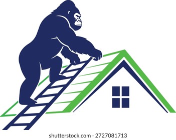 Um gorila azul escuro poderoso subindo uma escada em um telhado de casa verde e azul.