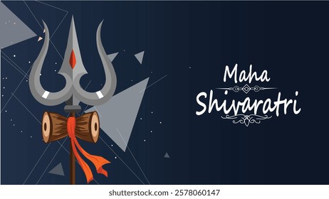 A powerful depiction of Lord Shiva’s Trishul and Damru with intricate geometric elements and a deep blue background, symbolizing the divine energy of Maha Shivaratri. The elegant typography 