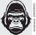 A powerful and detailed black vector illustration of a gorilla head.