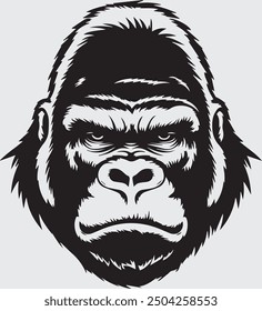 A powerful and detailed black vector illustration of a gorilla head.