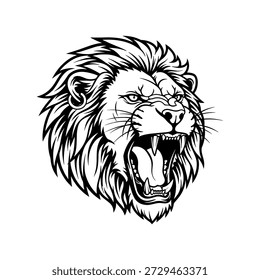 A powerful and detailed vector illustration of a roaring lion's head, showcasing its fierce expression and flowing mane in a striking black and white design.