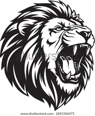 A powerful and detailed vector illustration of a roaring lion's head, showcasing its fierce expression and flowing mane in a striking black and white design.