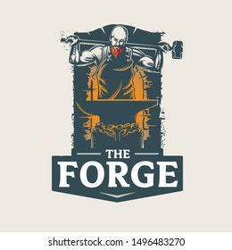A powerful and detailed vector illustration of a strong, bearded blacksmith holding a heavy hammer over an anvil. The design features a gritty, vintage style with warm orange light from the forge, symbolizing craftsmanship, manual labor, and industrial strength. Perfect for workshops, custom metalwork businesses, brewery logos, gym mascots, and heritage branding.