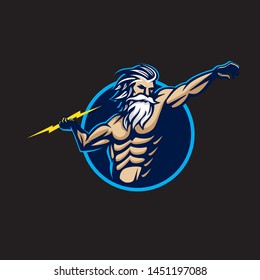 A powerful and detailed vector mascot logo of the Greek god Zeus, the king of gods. The design features a muscular bearded figure holding a golden lightning bolt, set within a circular blue frame against a dark background. This dynamic emblem is perfectly crafted for esports teams, gaming channels, fitness brands, gym identities, motivational branding, and competitive sports clubs looking for a symbol of authority and supreme power.