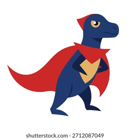 Ein mächtiger Dinosaurier in heldenhafter Pose, mit einem Umhang und kühner Schattierung. Dieses Design verwendet eine lebendige CMYK-Farbpalette.