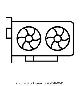 Powerful discrette videocard thin line icon, crypto mining concept. Vector graphics. Modern GPU, video card sign on white background, outline style icon for mobile or web design