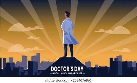 A powerful Doctor's Day banner featuring a doctor standing proudly on a city skyline, representing the heroism of healthcare professionals who wear lab coats instead of capes, 