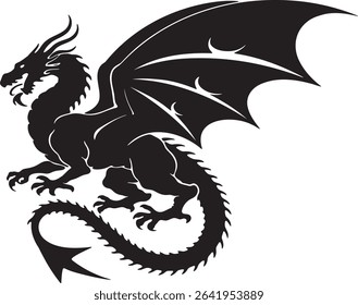 Powerful dragon silhouette, heraldic style, black and white