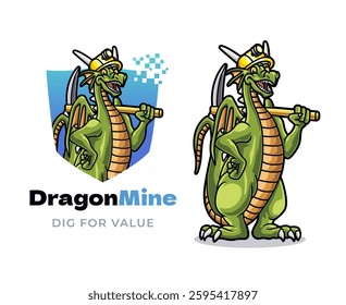A powerful dragon wearing a hard hat and carrying a pickaxe for mining