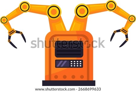 A powerful dual-arm robotic machine equipped with multiple grippers, designed for multitasking in automated assembly lines, precision engineering, and industrial robotics applications.