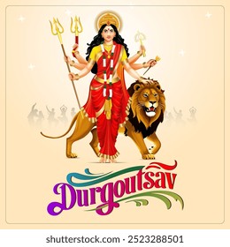 Poderosa Deusa Durga Durgoutsav com vários braços segurando armas montando um leão em uma cena de batalha simbolizando a vitória sobre o mal e texto Durgoutsav