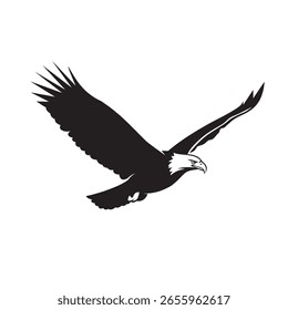 Una poderosa y dinámica ilustración en blanco y negro de un águila en vuelo majestuoso