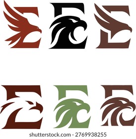 A powerful and dynamic logo collection featuring eagle-inspired designs integrated with the letter “E.” Each variation showcases different artistic styles of eagle heads and wings, symbolizing strength, vision, and freedom. The designs use a range of bold and earthy tones—rust red, black, brown, and green—making them suitable for a wide variety of branding purposes. Perfect for sports teams, corporate identities, security firms, or outdoor brands seeking a strong and authoritative visual identity.