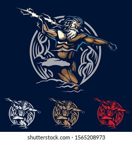 A powerful and dynamic vector emblem of the Greek god Zeus. The design features a muscular, bearded figure throwing a glowing lightning bolt, set against a circular tribal-style frame. This high-impact mascot logo includes multiple color variations (white, gold, and red) on a navy blue background, making it perfect for esports teams, sports clubs, fitness centers, and mythology-themed gaming brands.