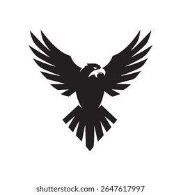 A powerful eagle is depicted in a striking black silhouette style, wings spread wide, ready to take flight.