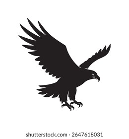 A powerful eagle is depicted in a striking black silhouette, wings spread, diving downwards. The silhouette style emphasizes its form.