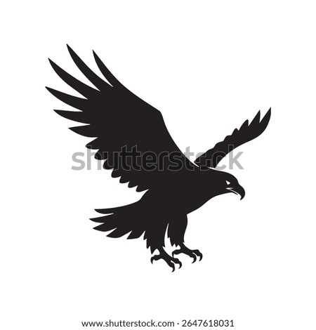 A powerful eagle is depicted in a striking black silhouette, wings spread, diving downwards. The silhouette style emphasizes its form.
