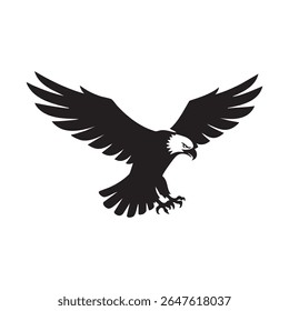 A powerful eagle is depicted in a striking silhouette style, wings spread wide, ready to strike.
