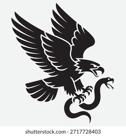 Águila poderosa en una feroz batalla con una silueta de serpiente. Águila voladora Ilustración gráfica en blanco y negro