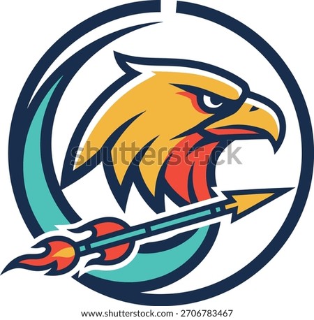 Powerful eagle grasping spear with circular motion lines, ideal for aggressive sports team branding, esports squads and competitive club merchandise.
