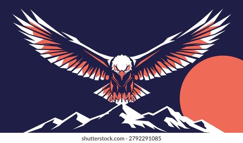 Powerful eagle silhouette flying over snowy mountain peaks with a red sun setting in the background on a dark blue sky.