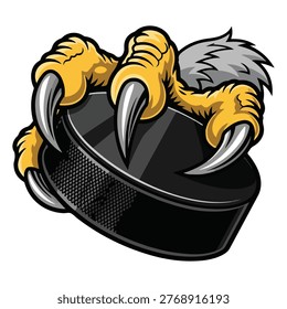 A powerful eagle talon with sharp claws firmly grips a black hockey puck, symbolizing strength and determination in sports.