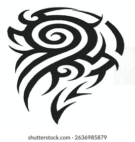 A powerful and edgy black and white vector illustration of a tribal art design. This abstract pattern features bold, swirling lines, sharp points, and organic shapes that evoke a sense of movement
