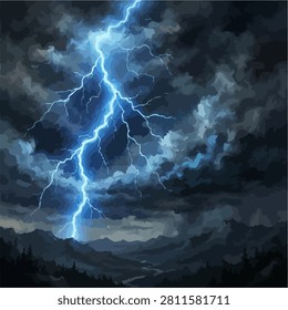 A powerful electric discharge pierces dark turbulent clouds over a rugged landscape symbolizing natural power for weather-related campaigns.