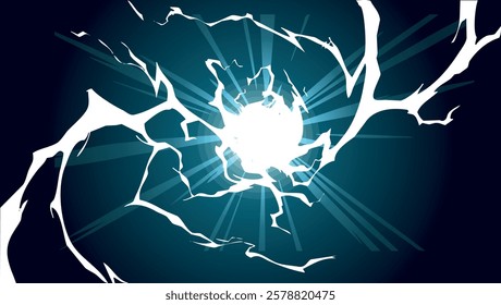 Powerful electric energy blast with bright glowing cracks, resembling shattered glass. A dramatic and intense visual for power, technology, and sci-fi themes