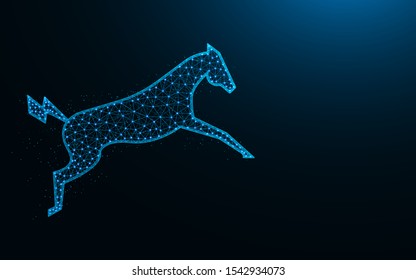 Powerful electric horse in a jump low poly design, animal abstract geometric image, zoo wireframe mesh polygonal vector illustration made from points and lines on dark blue background