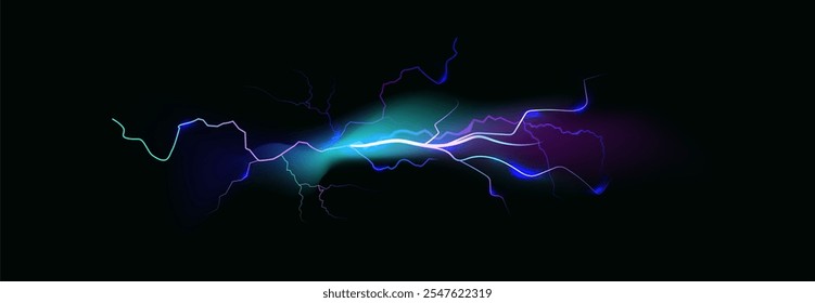 Potente energia elétrica de corrente. Um relâmpago num quadro mágico. Secreção de néon com efeito de fumaça.
