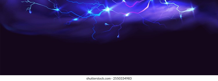 Powerful electrical current energy. Flash of lightning in a magic frame. Neon discharge in smoke effect.
