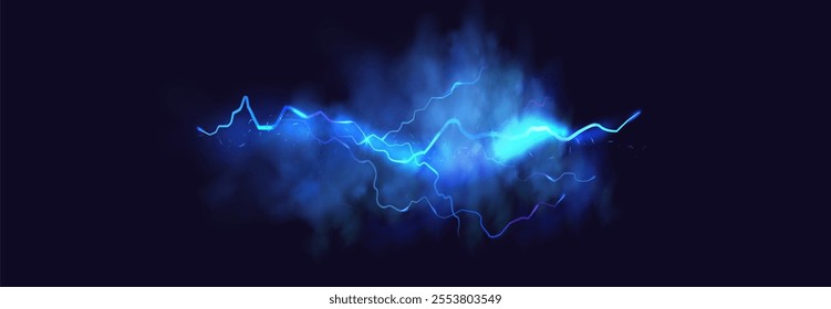 Powerful electrical current energy. Flash of lightning in a magic frame. Neon discharge in smoke effect.
